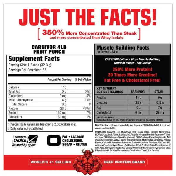MuscleMeds Carnivor Beef Protein Isolate Fruit Punch 1808 gm Facts