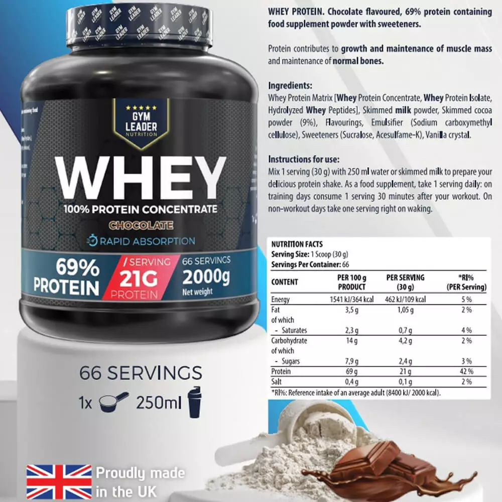 Gym Leader Whey Protein Powder Chocolate 2000g - A1 Protein