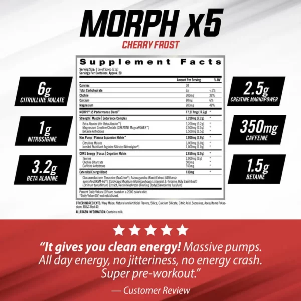 Isatori Morph X5 Pre-Workout Cherry Frost 20 Servings 426g Facts