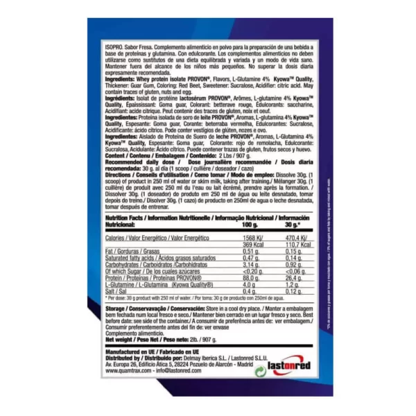 Quamtrax ISOPRO Whey Isolate Chocolate 2lbs Facts