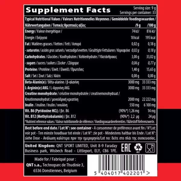 QNT Pre-Workout Pump RX Red Fruits 33 Servings 300g Facts