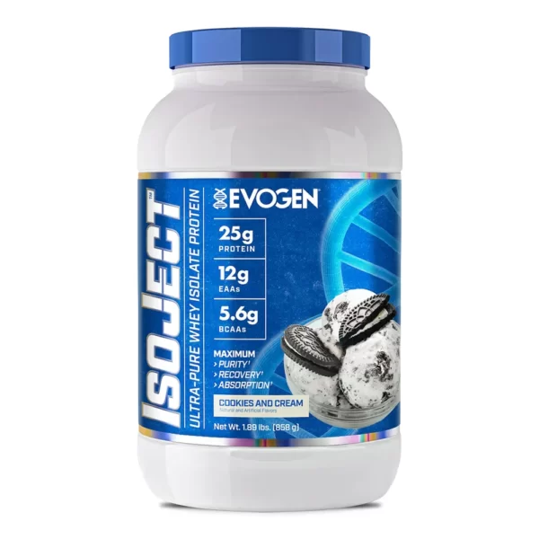 evogen isoject ultra pure whey isolate protein cookies and cream 858g