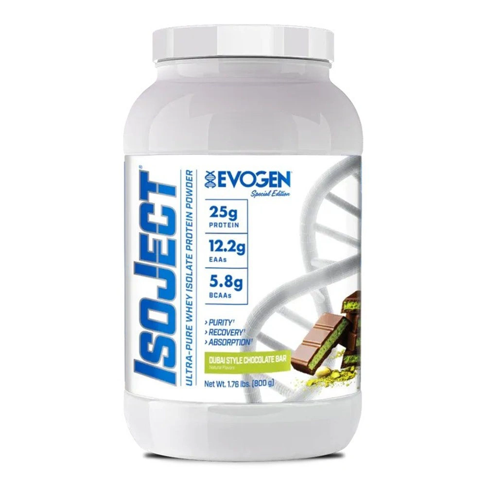 Evogen Isoject ultra-pure whey isolate protein 25 servings Dubai style chocolate bar